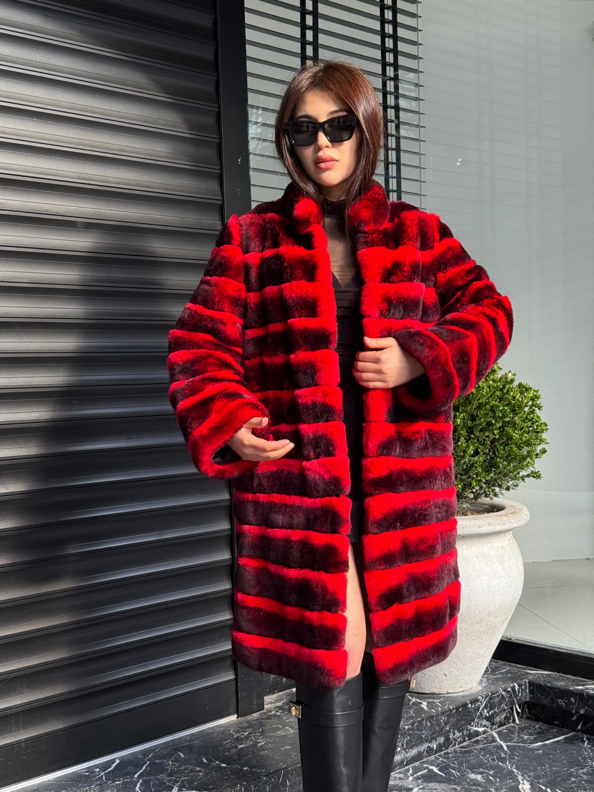 Red Luxury Handmade Women Chinchilla Pattern Rex Fur Long Coat | Soft Luxury Transformer Real Rex Fur Jacket Winter Outwear | Gift For Her