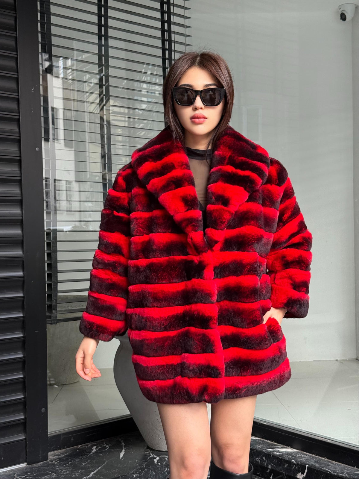 RED Luxury Handmade Women Chinchilla Pattern Rex Fur Long Coat | Soft Luxury Transformer Real Rex Fur Jacket Winter Outwear | Gift For Her