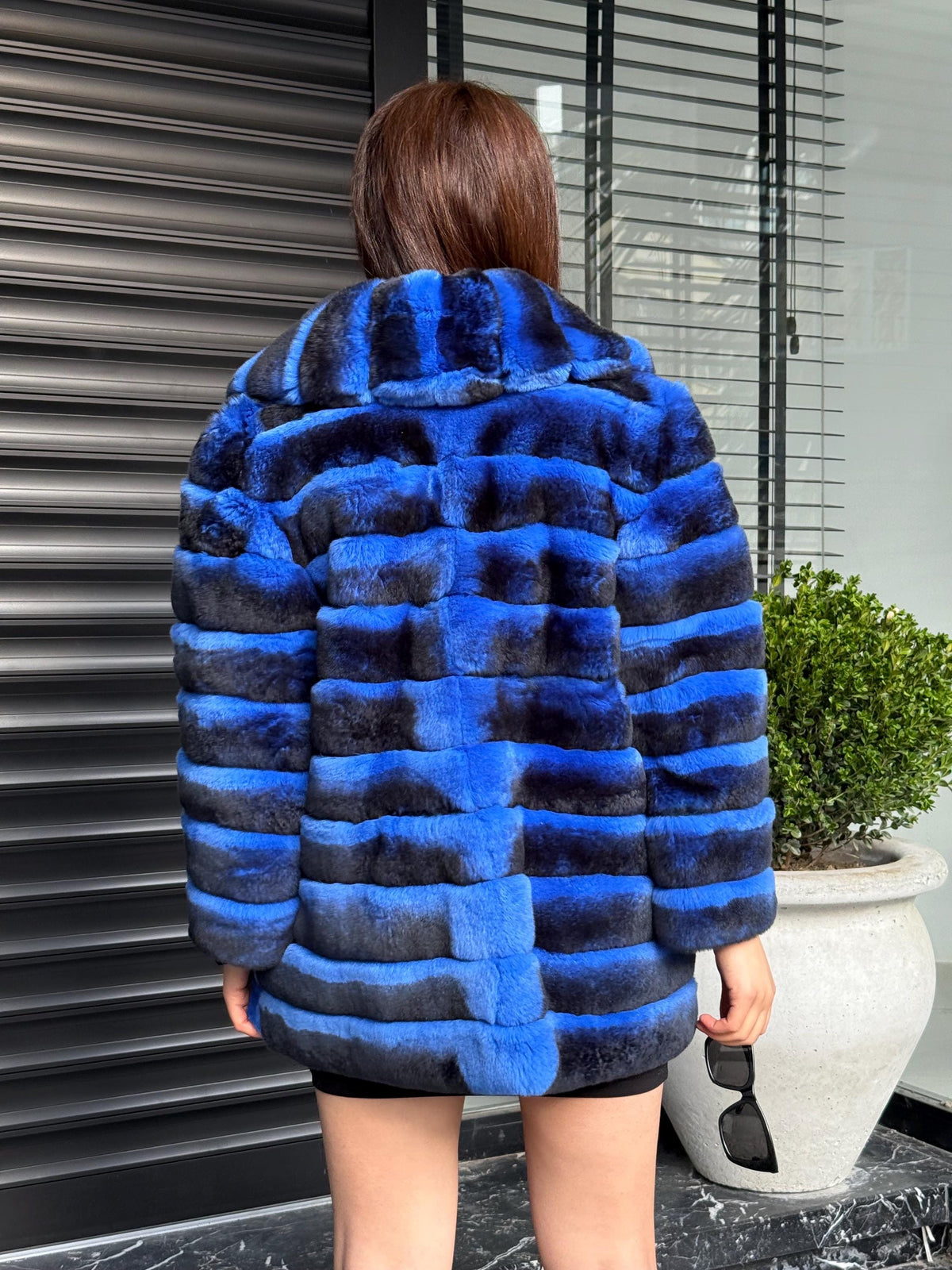 Sax Blue Handmade Luxury Chinchilla Pattern Rex Fur Coat, Blue Soft Rex Fur Jacket For Winter, Gift For Her, Transformer Rex Fur Coat