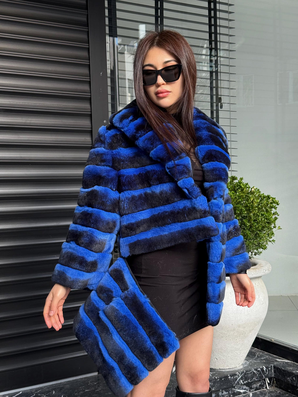Sax Blue Handmade Luxury Chinchilla Pattern Rex Fur Coat, Blue Soft Rex Fur Jacket For Winter, Gift For Her, Transformer Rex Fur Coat