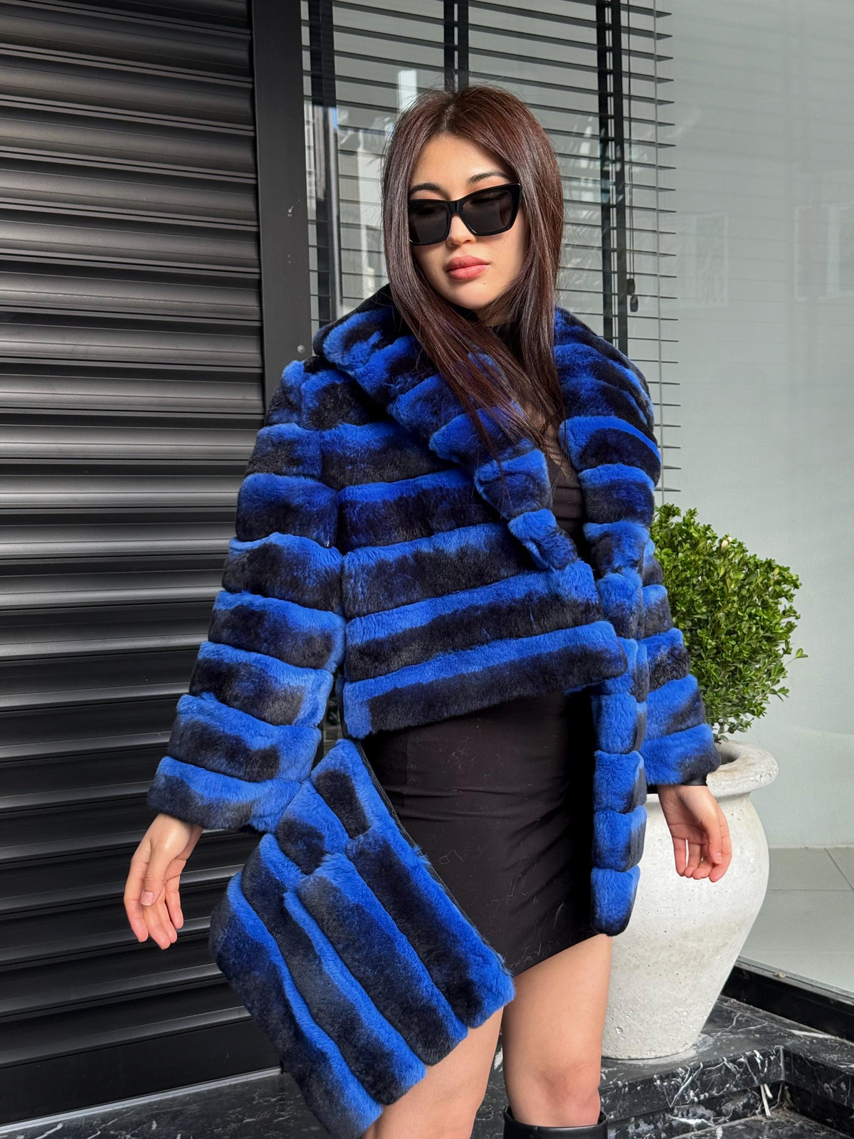 Sax Blue Handmade Luxury Chinchilla Pattern Rex Fur Coat, Blue Soft Rex Fur Jacket For Winter, Gift For Her, Transformer Rex Fur Coat