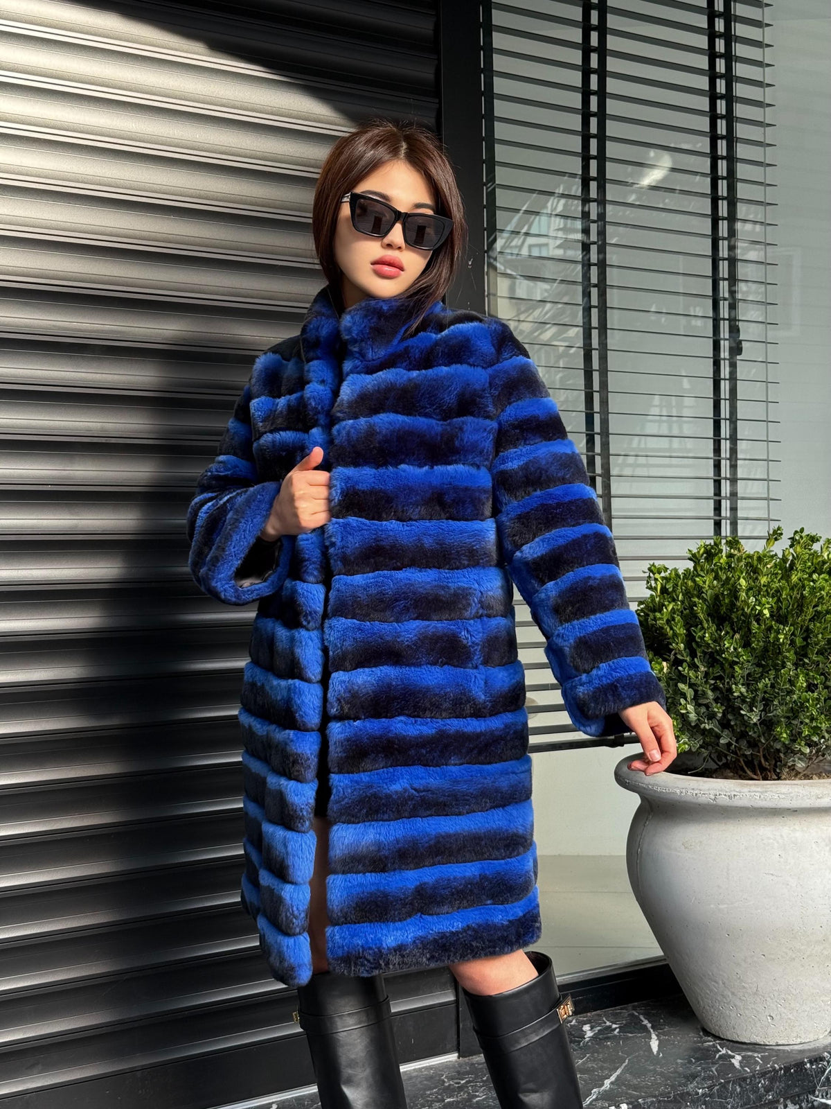 Sax Blue Luxury Handmade Women Chinchilla Pattern Rex Fur Coat | Soft Luxury Transformer Real Rex Fur Jacket Winter Outwear | Gift For Her