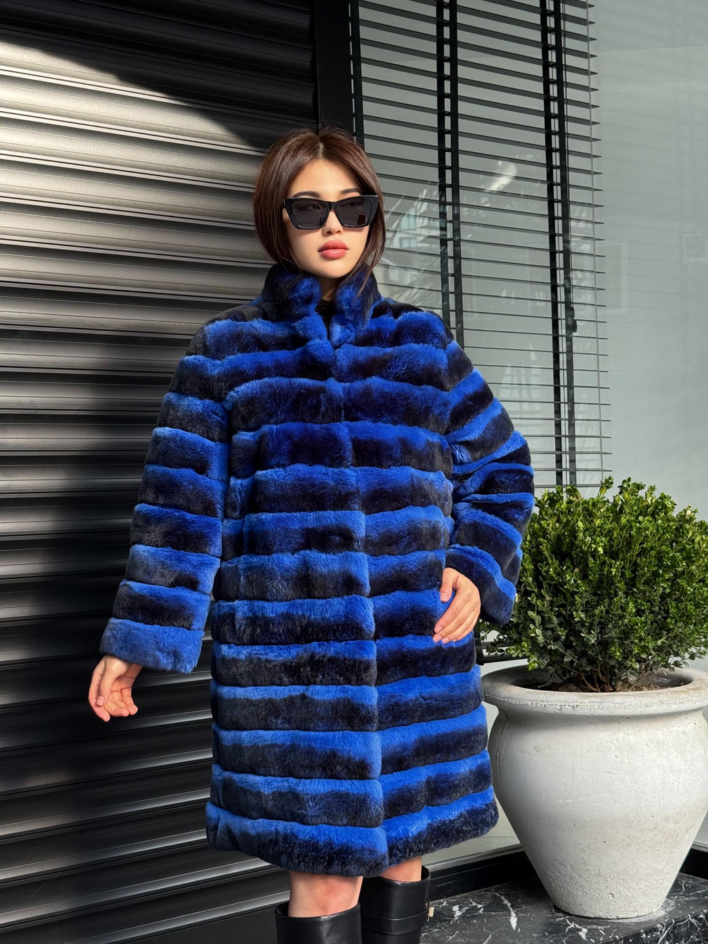 Sax Blue Luxury Handmade Women Chinchilla Pattern Rex Fur Coat | Soft Luxury Transformer Real Rex Fur Jacket Winter Outwear | Gift For Her