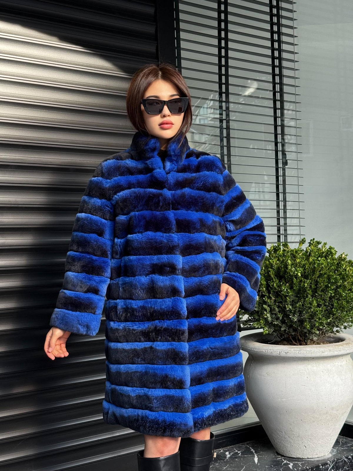 Sax Blue Luxury Handmade Women Chinchilla Pattern Rex Fur Coat | Soft Luxury Transformer Real Rex Fur Jacket Winter Outwear | Gift For Her