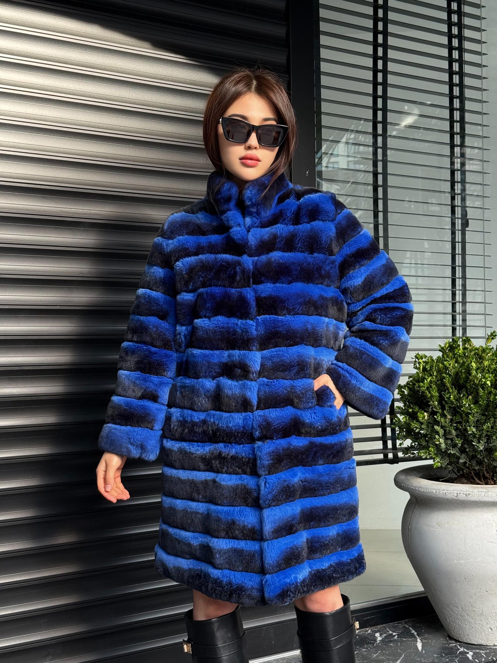 Sax Blue Luxury Handmade Women Chinchilla Pattern Rex Fur Coat | Soft Luxury Transformer Real Rex Fur Jacket Winter Outwear | Gift For Her