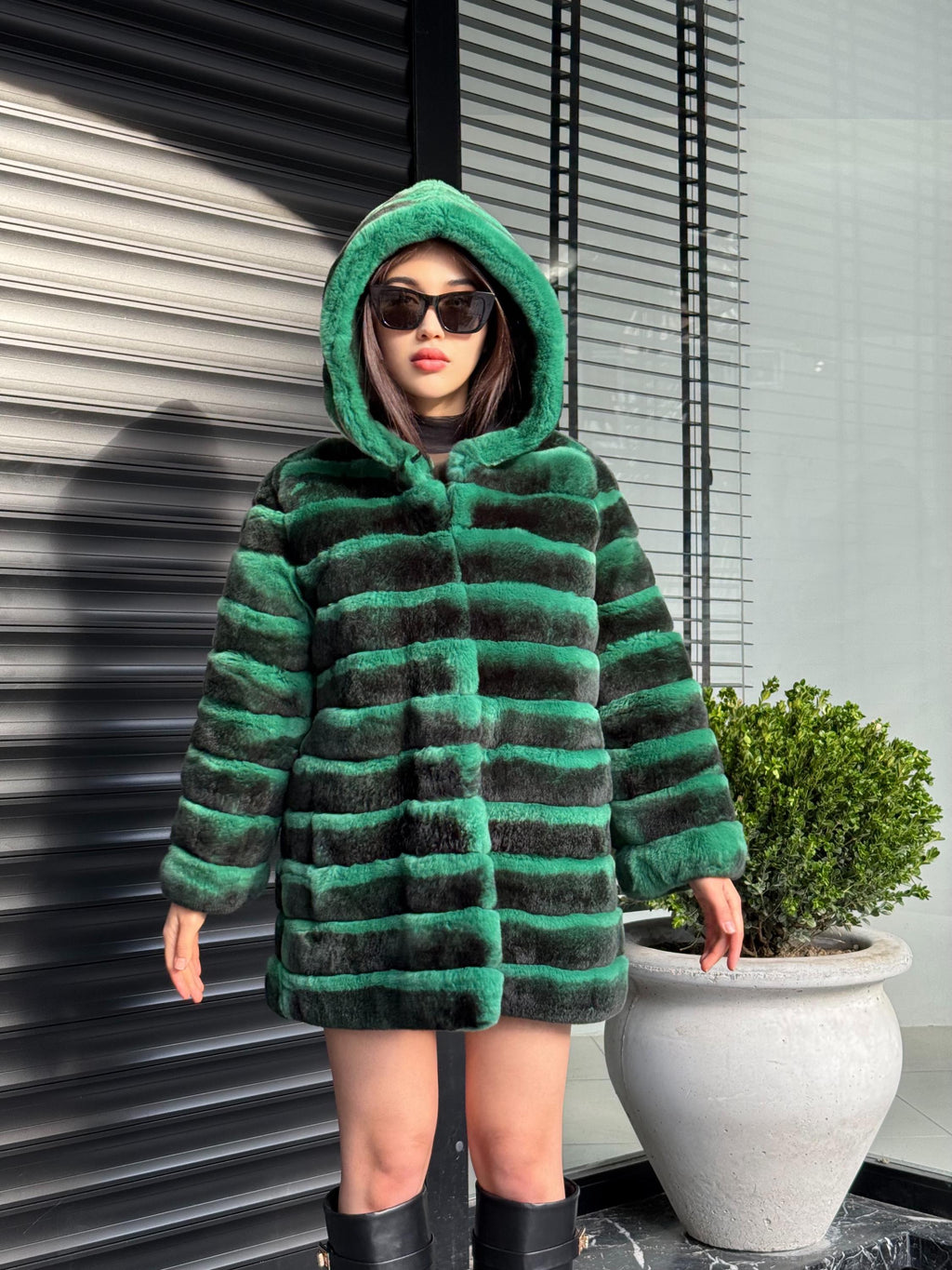 Green Luxury Handmade Women Chinchilla Pattern Rex Fur Coat With Hood | Soft Luxury Transformer Rex Fur Jacket Winter Outwear | Gift For Her
