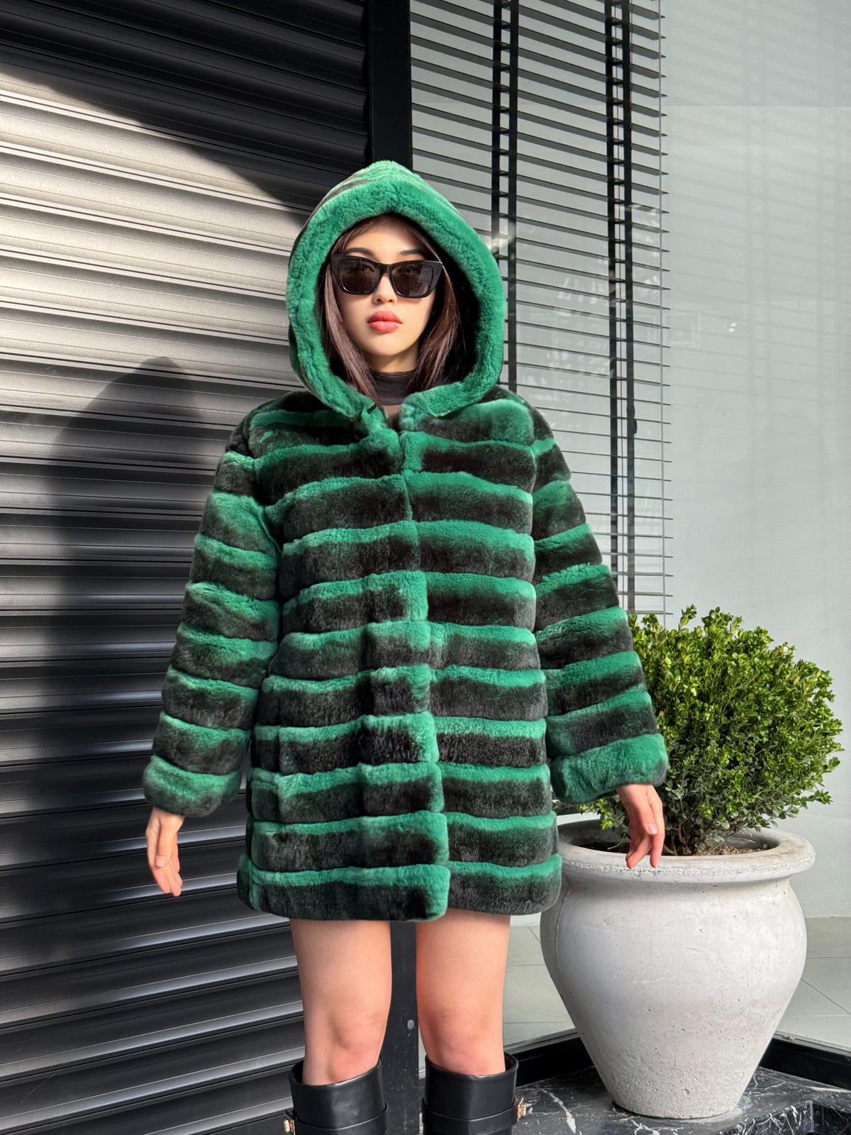 Green Luxury Handmade Women Chinchilla Pattern Rex Fur Coat With Hood | Soft Luxury Transformer Rex Fur Jacket Winter Outwear | Gift For Her