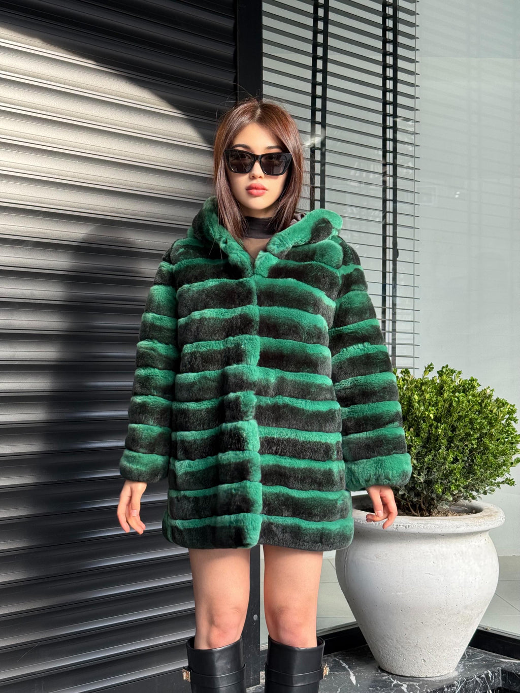 Green Luxury Handmade Women Chinchilla Pattern Rex Fur Coat With Hood | Soft Luxury Transformer Rex Fur Jacket Winter Outwear | Gift For Her
