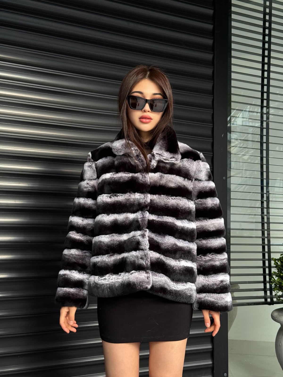 Gray Short Rex Fur Jacket, Women’s Cropped Chinchilla Pattern Rabbit Fur Coat