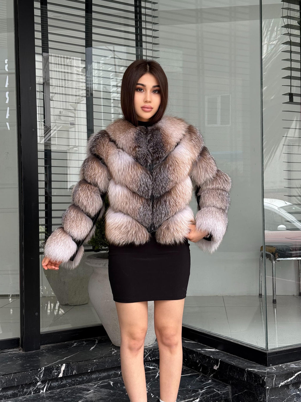 Luxury Women Frost Fox Fur Coat | Handmade Fox Fur Convertible Jacket with Detachable Sleeves | 2-in-1 Genuine Fox Fur Vest & Coat