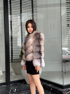 Luxury Women Frost Fox Fur Coat | Handmade Fox Fur Convertible Jacket with Detachable Sleeves | 2-in-1 Genuine Fox Fur Vest & Coat