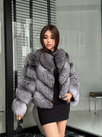 Gray Frost Fox Fur Coat | Luxury Women Handmade Fox Fur Convertible Jacket with Detachable Sleeves | 2-in-1 Genuine Fox Fur Vest & Coat