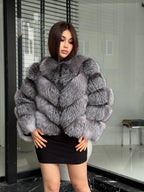 Gray Frost Fox Fur Coat | Luxury Women Handmade Fox Fur Convertible Jacket with Detachable Sleeves | 2-in-1 Genuine Fox Fur Vest & Coat