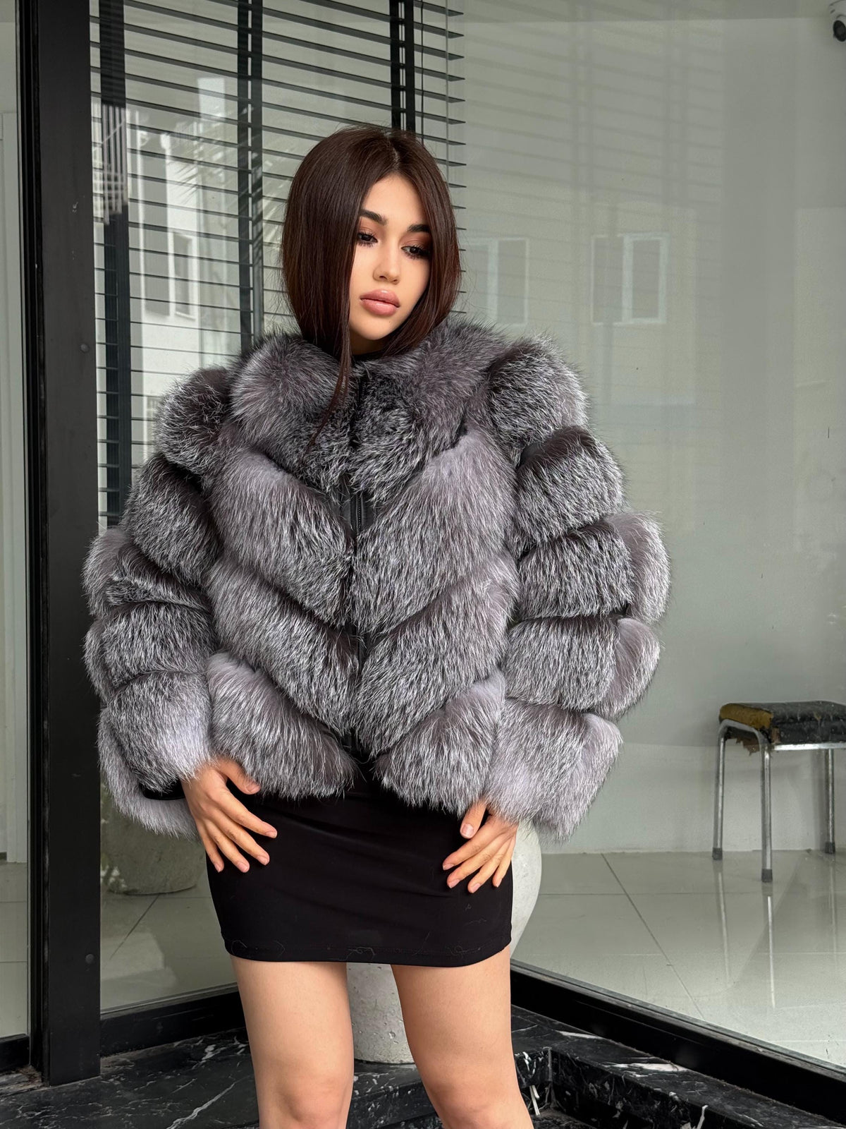 Gray Frost Fox Fur Coat | Luxury Women Handmade Fox Fur Convertible Jacket with Detachable Sleeves | 2-in-1 Genuine Fox Fur Vest & Coat