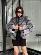 Gray Frost Fox Fur Coat | Luxury Women Handmade Fox Fur Convertible Jacket with Detachable Sleeves | 2-in-1 Genuine Fox Fur Vest & Coat