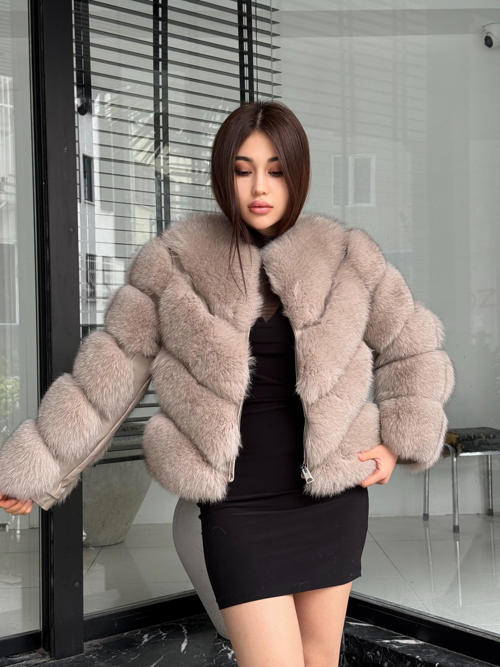 Powder Beige Fox Fur Coat | Women’s Handmade Luxury Fur Jacket With Removable Sleeves | Short Winter Warm outerwear | Gift For Her