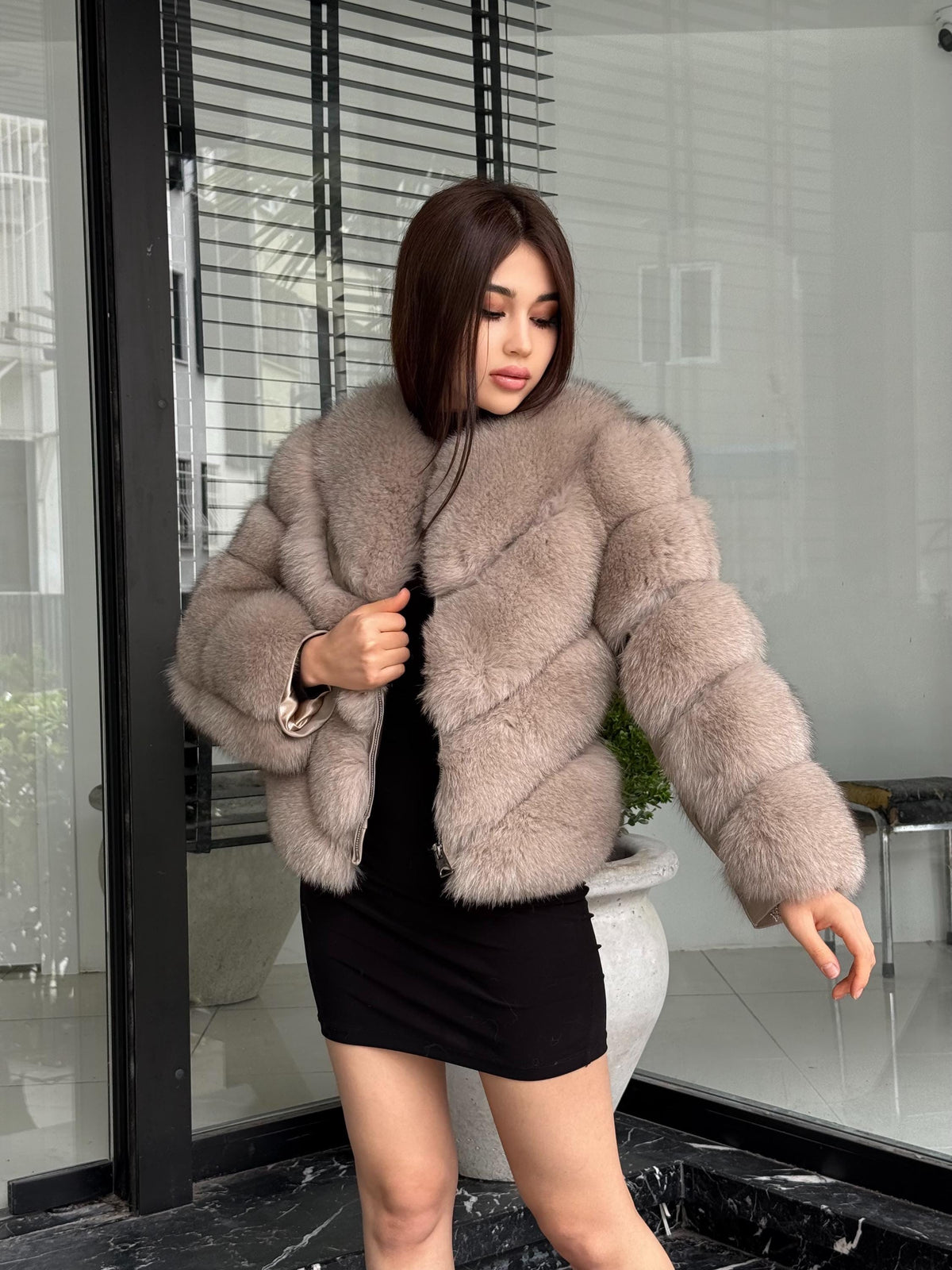 Powder Beige Fox Fur Coat | Women’s Handmade Luxury Fur Jacket With Removable Sleeves | Short Winter Warm outerwear | Gift For Her