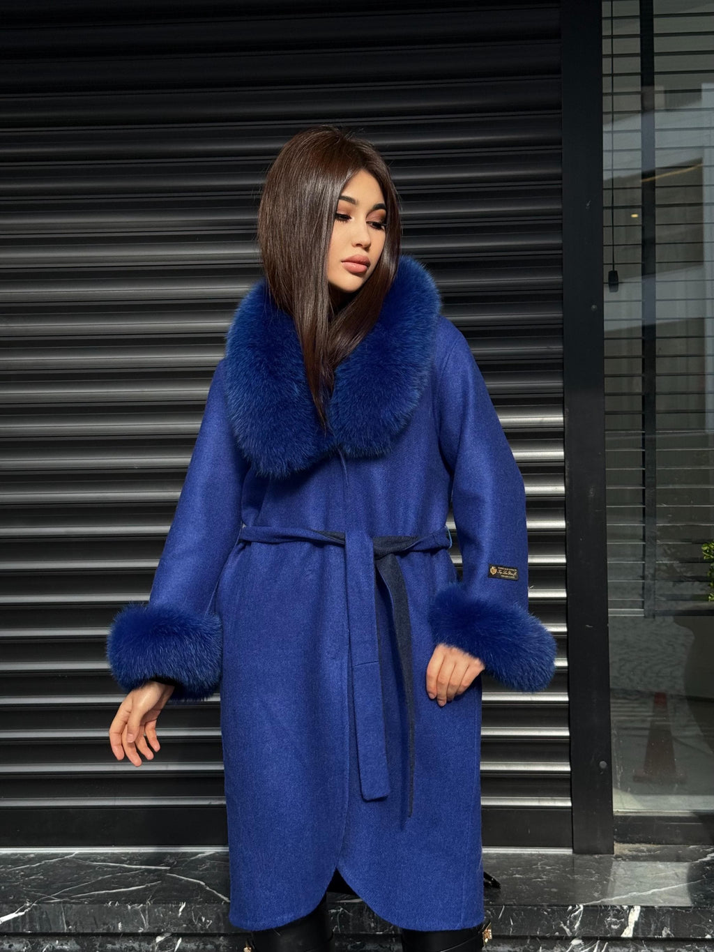 Sax Blue Alpaca Coat With Fox Fur Trim . Luxury Collar Cuffs Fox Fur Coat | Soft & Warm Handmade Wool Women’s Outerwear