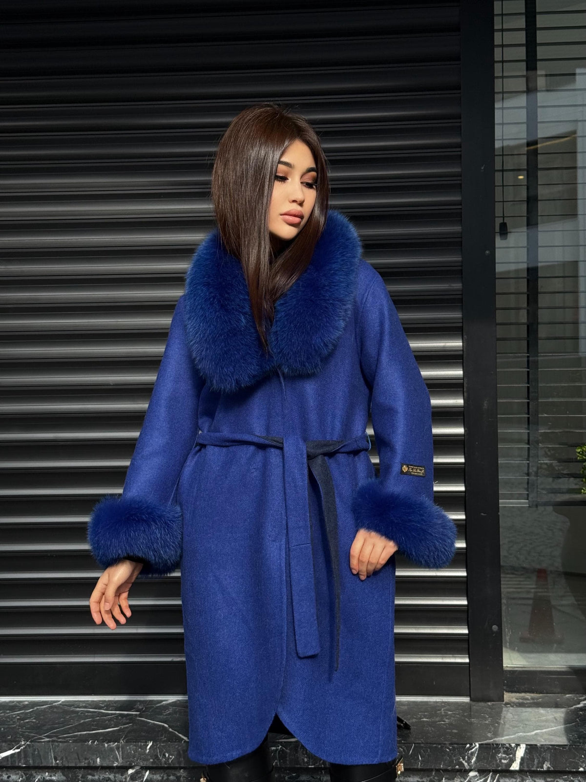 Sax Blue Alpaca Coat With Fox Fur Trim . Luxury Collar Cuffs Fox Fur Coat | Soft & Warm Handmade Wool Women’s Outerwear