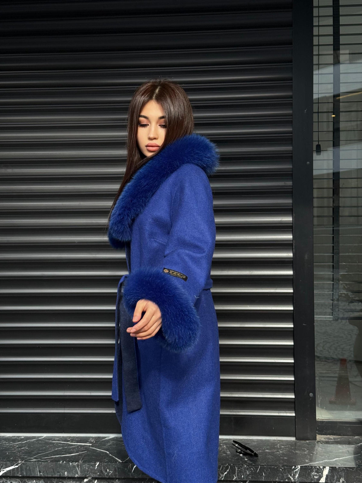 Sax Blue Alpaca Coat With Fox Fur Trim . Luxury Collar Cuffs Fox Fur Coat | Soft & Warm Handmade Wool Women’s Outerwear