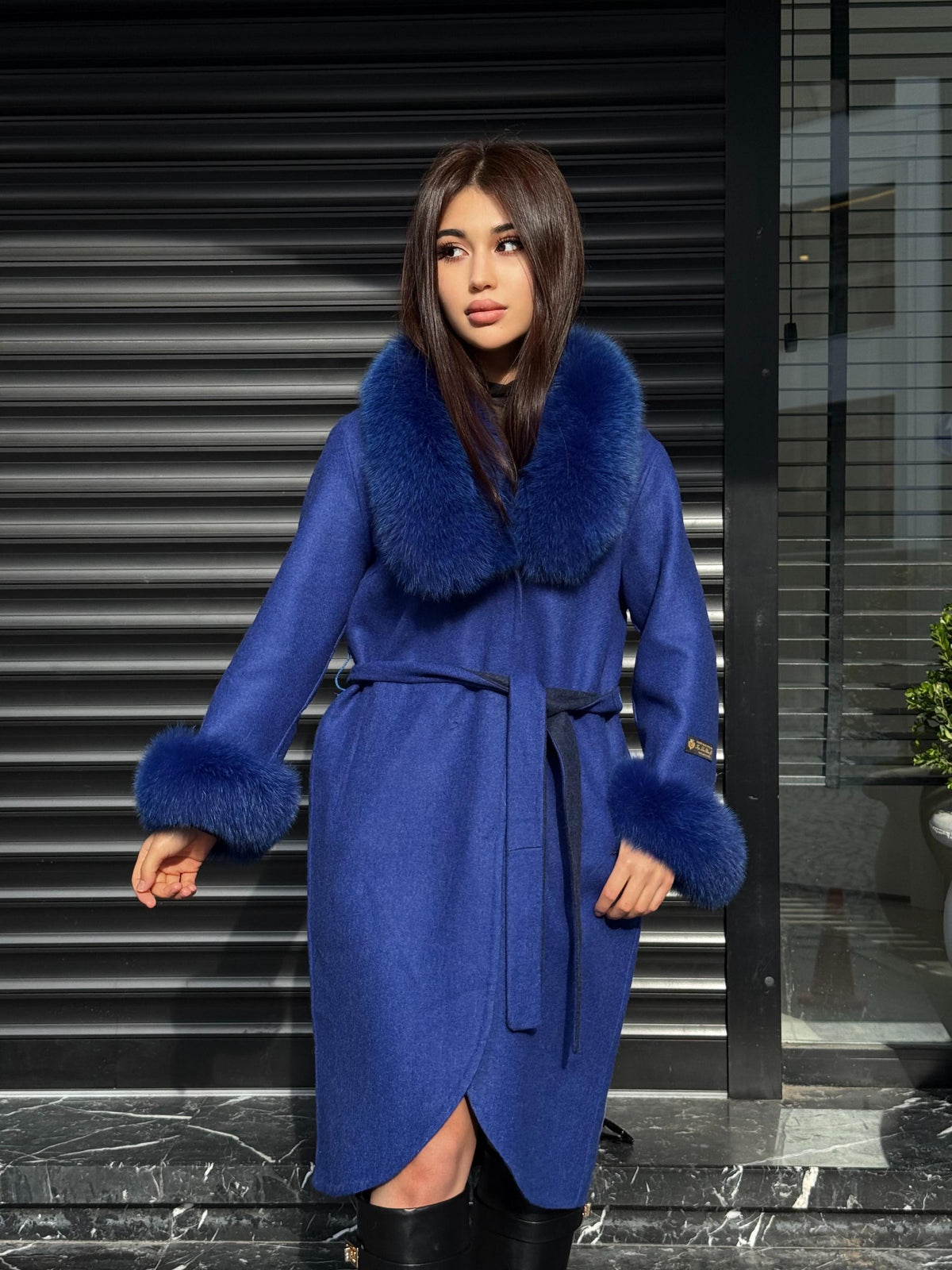Sax Blue Alpaca Coat With Fox Fur Trim . Luxury Collar Cuffs Fox Fur Coat | Soft & Warm Handmade Wool Women’s Outerwear