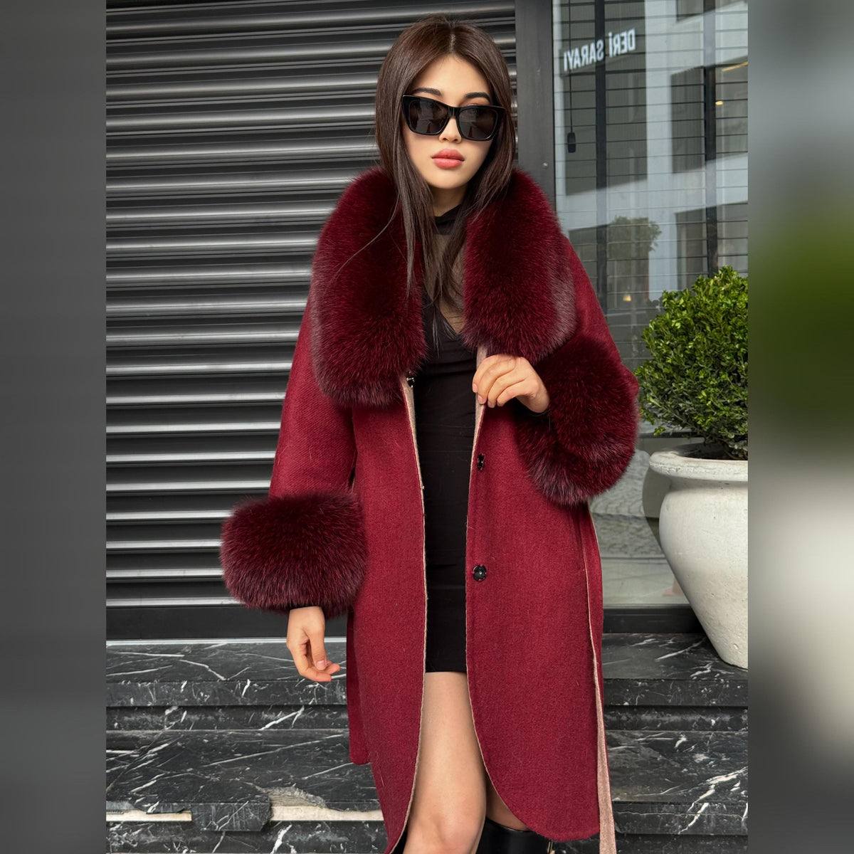 Burgundy Alpaca Coat With Fox Fur Trim . Collar Cuffs Fox Fur Coat | Soft & Warm Handmade Wool Women’s Outerwear