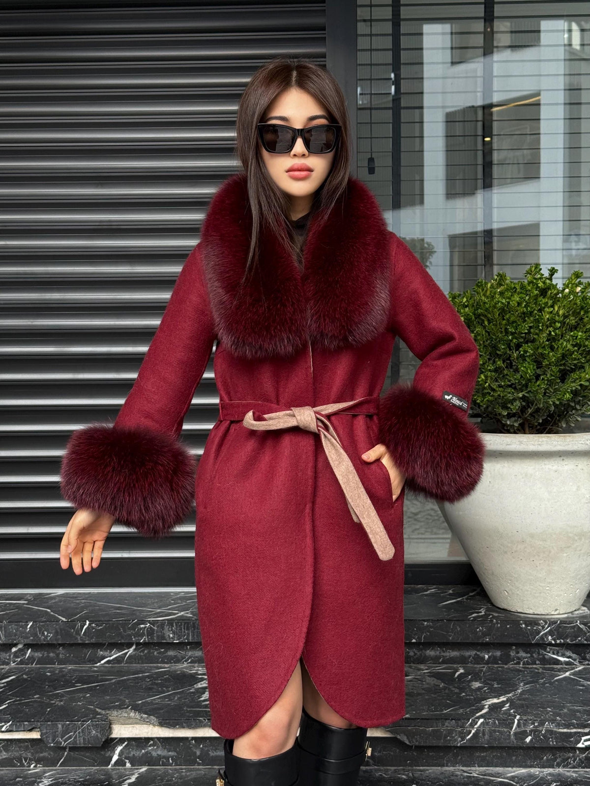 Burgundy Alpaca Coat With Fox Fur Trim . Collar Cuffs Fox Fur Coat | Soft & Warm Handmade Wool Women’s Outerwear