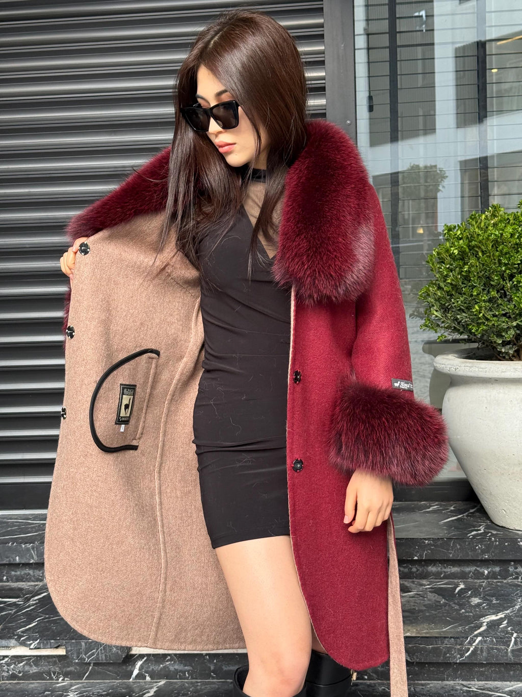 Burgundy Alpaca Coat With Fox Fur Trim . Collar Cuffs Fox Fur Coat | Soft & Warm Handmade Wool Women’s Outerwear