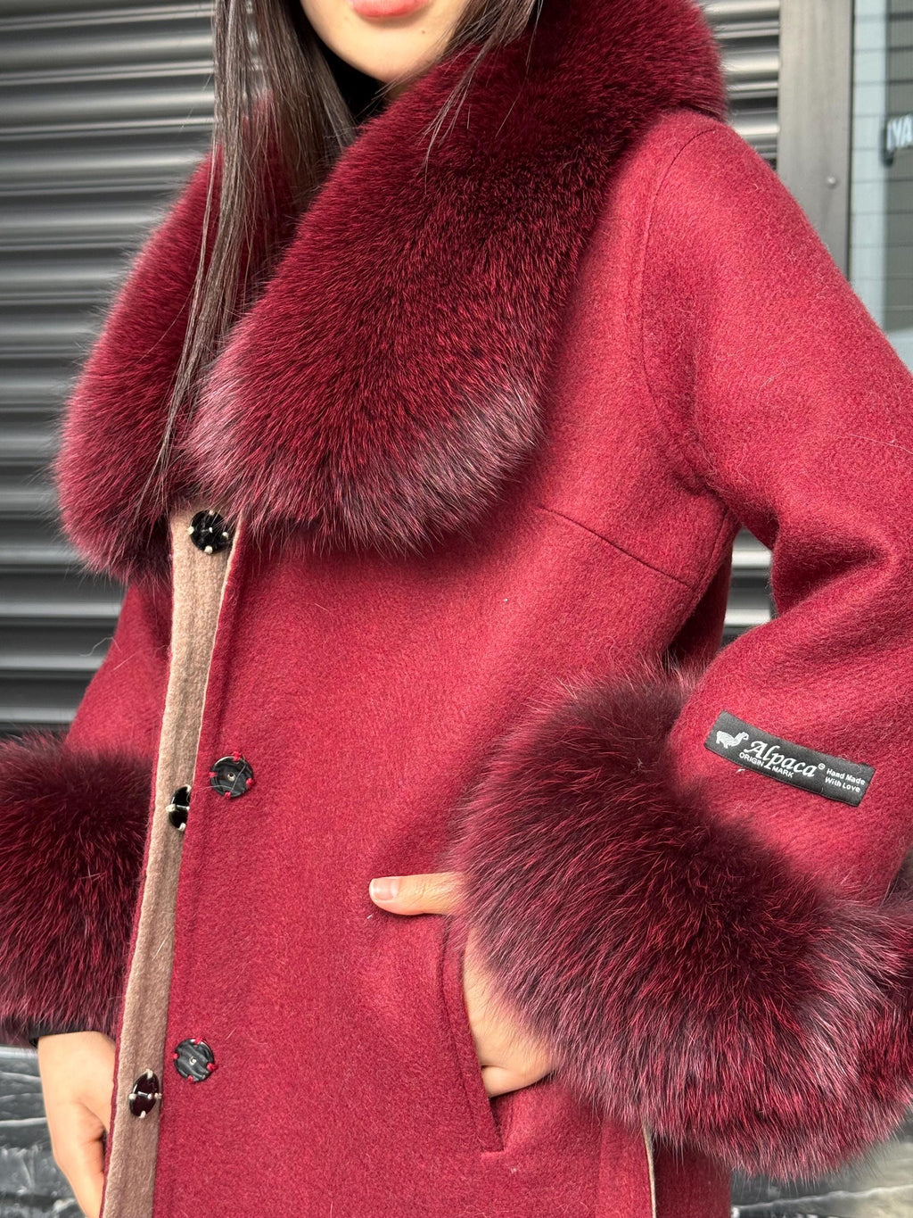 Burgundy Alpaca Coat With Fox Fur Trim . Collar Cuffs Fox Fur Coat | Soft & Warm Handmade Wool Women’s Outerwear