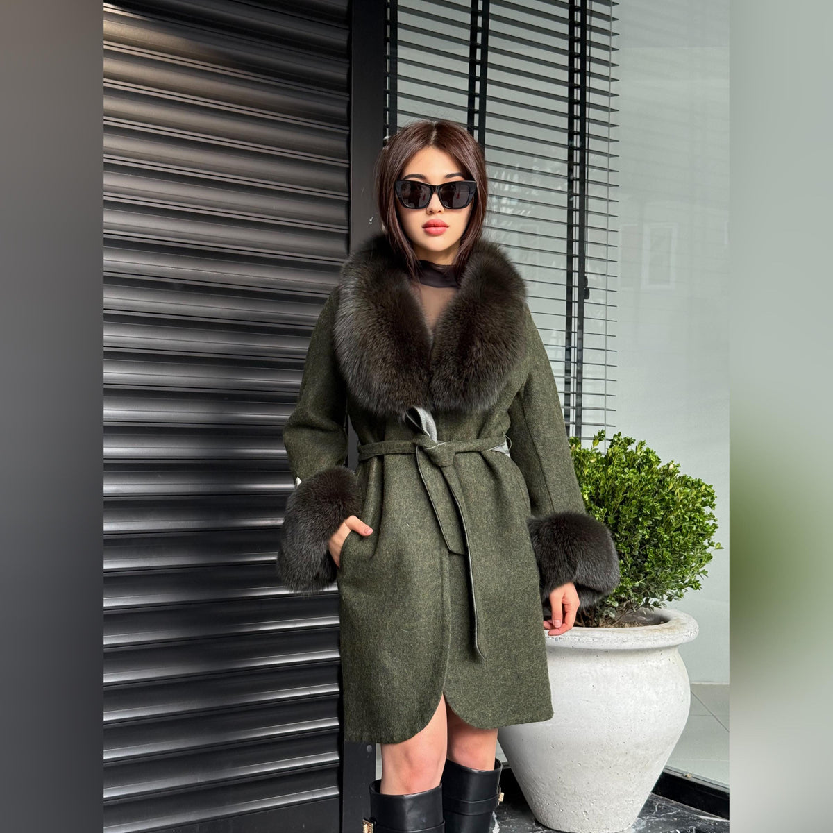 Khaki Handmade Women Alpaca Coat With Fox Fur , Luxury Outwear | Natural Alpaca Wool Coat | Soft & Warm – Handmade Women’s Outerwear