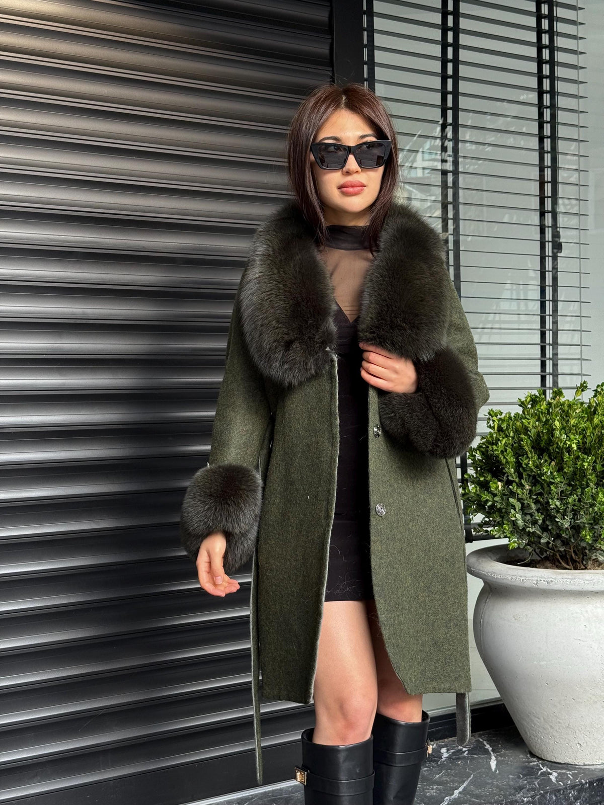 Khaki Handmade Women Alpaca Coat With Fox Fur , Luxury Outwear | Natural Alpaca Wool Coat | Soft & Warm – Handmade Women’s Outerwear
