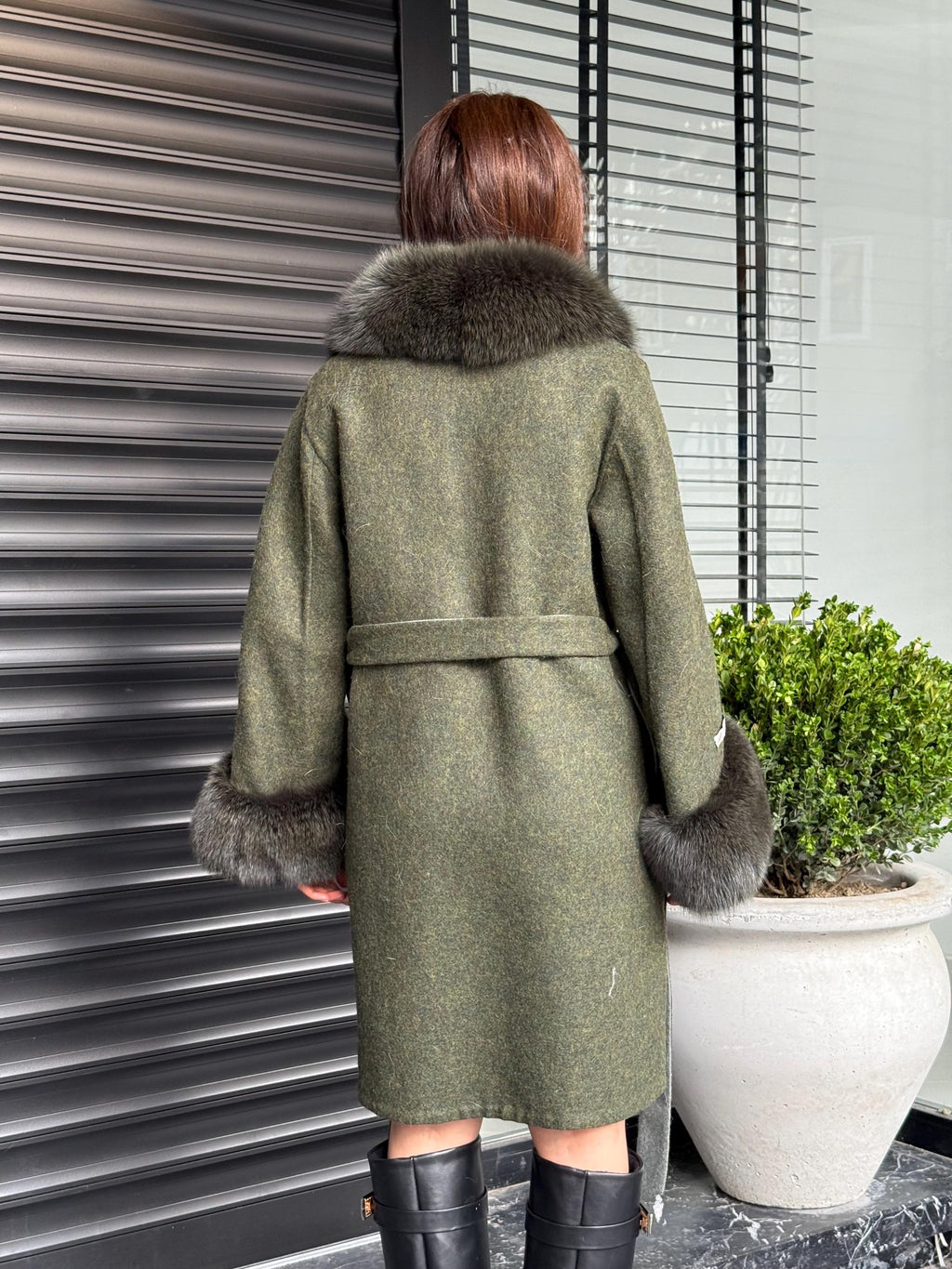 Khaki Handmade Women Alpaca Coat With Fox Fur , Luxury Outwear | Natural Alpaca Wool Coat | Soft & Warm – Handmade Women’s Outerwear
