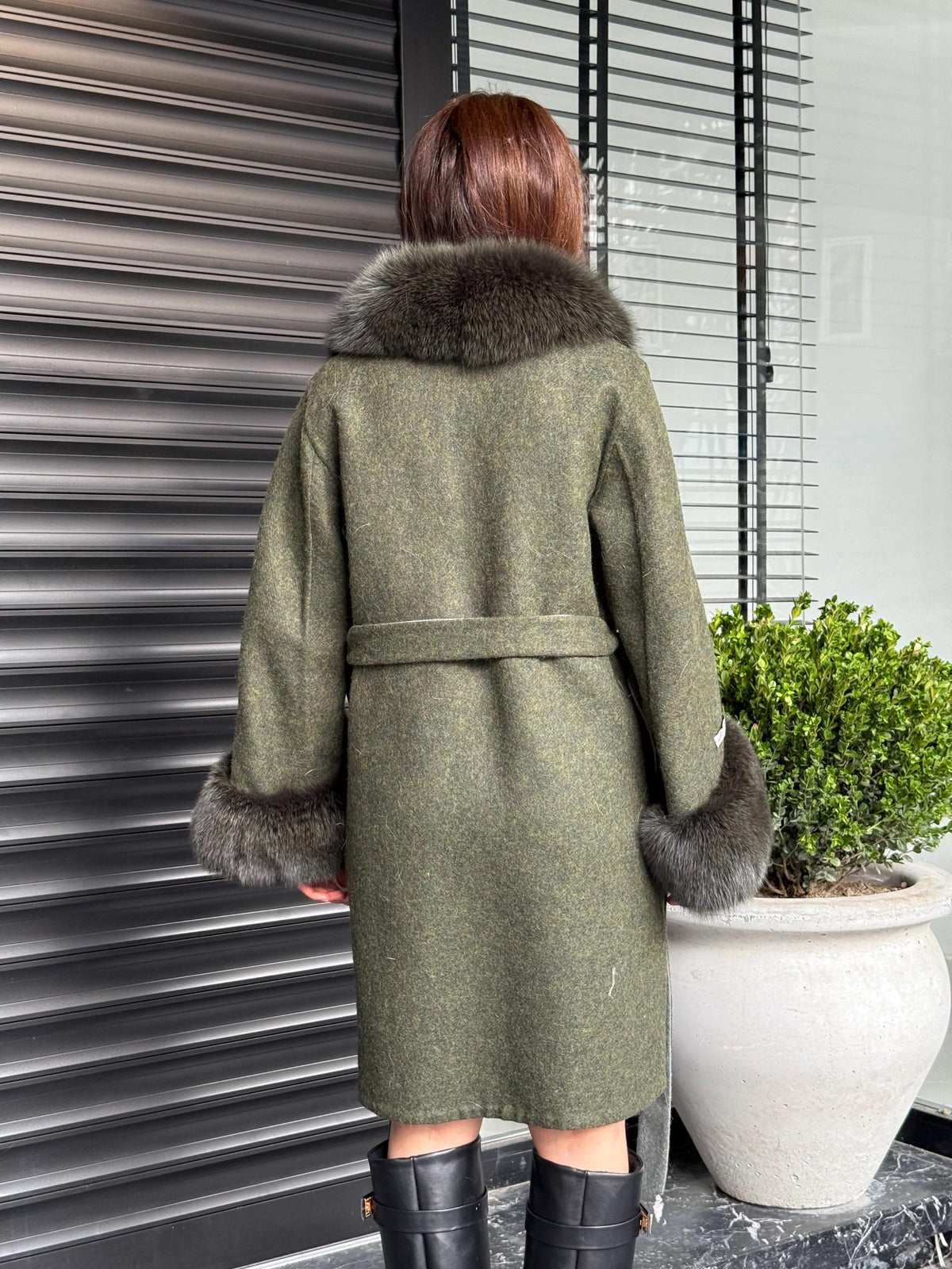 Khaki Handmade Women Alpaca Coat With Fox Fur , Luxury Outwear | Natural Alpaca Wool Coat | Soft & Warm – Handmade Women’s Outerwear