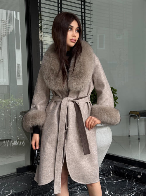 Beige Long Alpaca Wool Coat, Women’s Handmade Collar & Ciffs - fox fur jacket