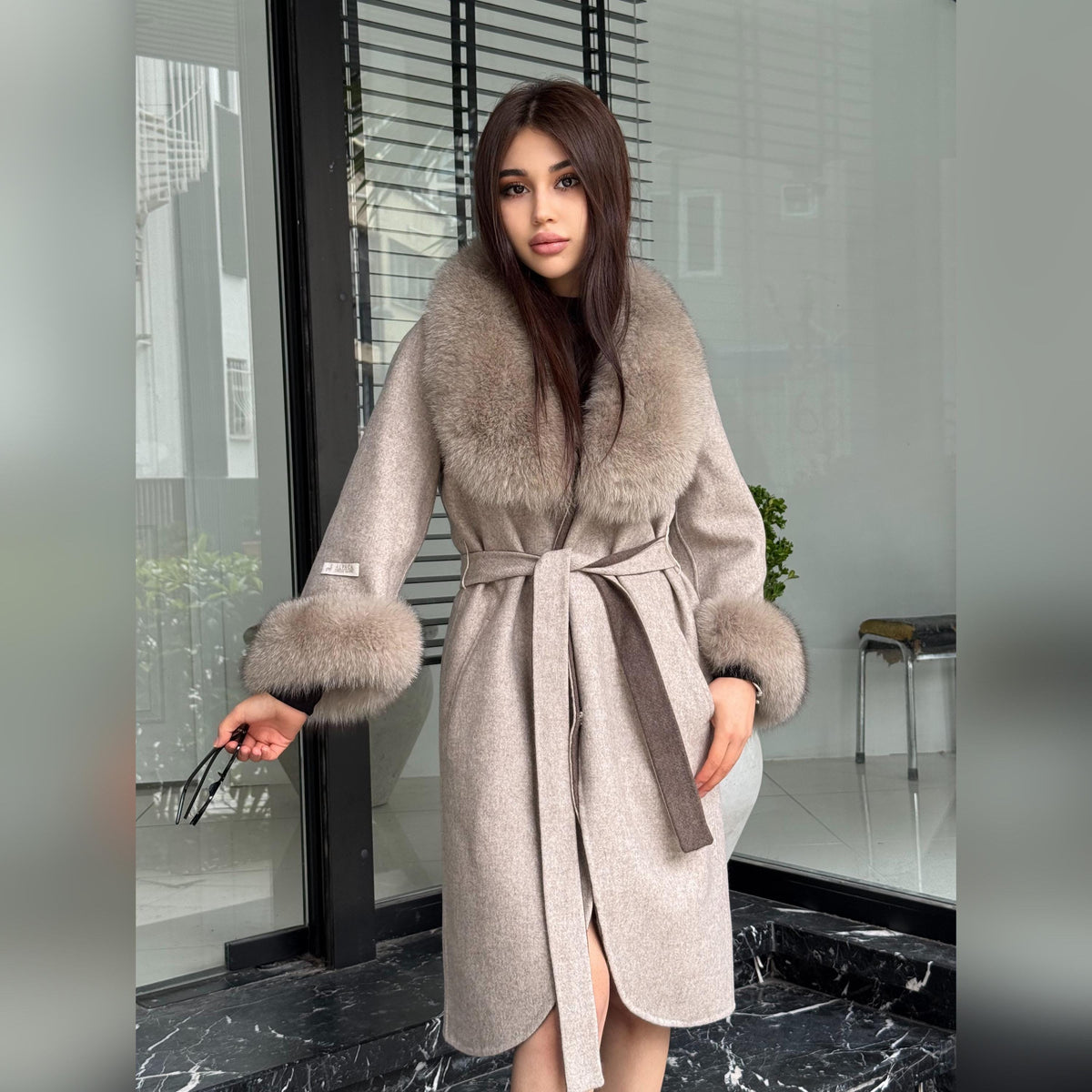 Beige Long Alpaca Wool Coat, Women’s Handmade Collar & Ciffs - fox fur jacket