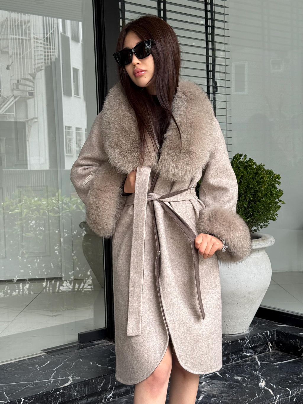 Beige Long Alpaca Wool Coat, Women’s Handmade Collar & Ciffs - fox fur jacket