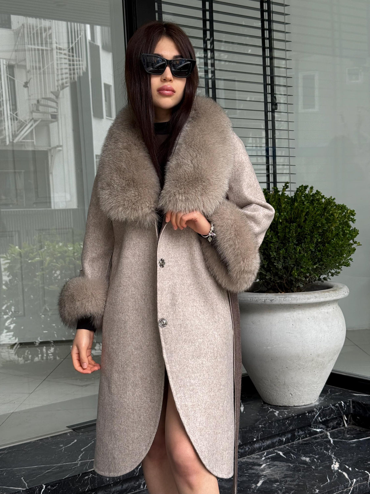 Beige Long Alpaca Wool Coat, Women’s Handmade Collar & Ciffs - fox fur jacket