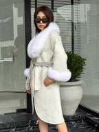 White Handmade Women Alpaca Coat With Fox Fur , Luxury Outwear | Natural Alpaca Wool Coat | Soft & Warm – Handmade Women’s Outerwear