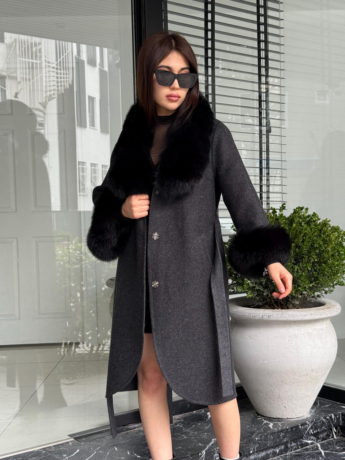 Black Handmade Women Alpaca Coat With Fox Fur , Luxury Outwear | Natural Alpaca Wool Coat | Soft & Warm – Handmade Women’s Outerwear