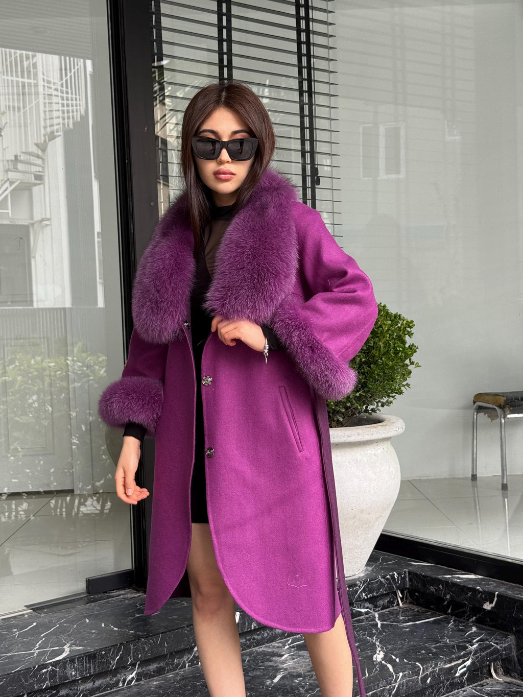 Purple Handmade Women Alpaca Coat With Fox Fur , Luxury Outwear | Natural Alpaca Wool Coat | Soft & Warm – Handmade Women’s Outerwear