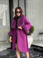 Purple Handmade Women Alpaca Coat With Fox Fur , Luxury Outwear | Natural Alpaca Wool Coat | Soft & Warm – Handmade Women’s Outerwear