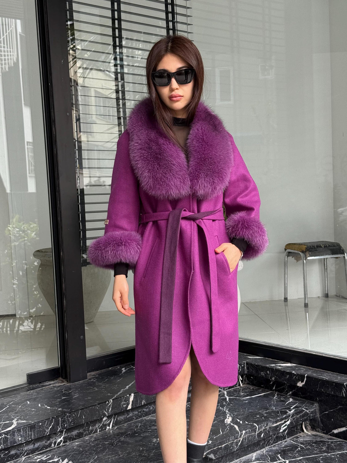 Purple Handmade Women Alpaca Coat With Fox Fur , Luxury Outwear | Natural Alpaca Wool Coat | Soft & Warm – Handmade Women’s Outerwear