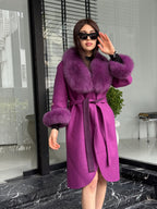 Purple Handmade Women Alpaca Coat With Fox Fur , Luxury Outwear | Natural Alpaca Wool Coat | Soft & Warm – Handmade Women’s Outerwear