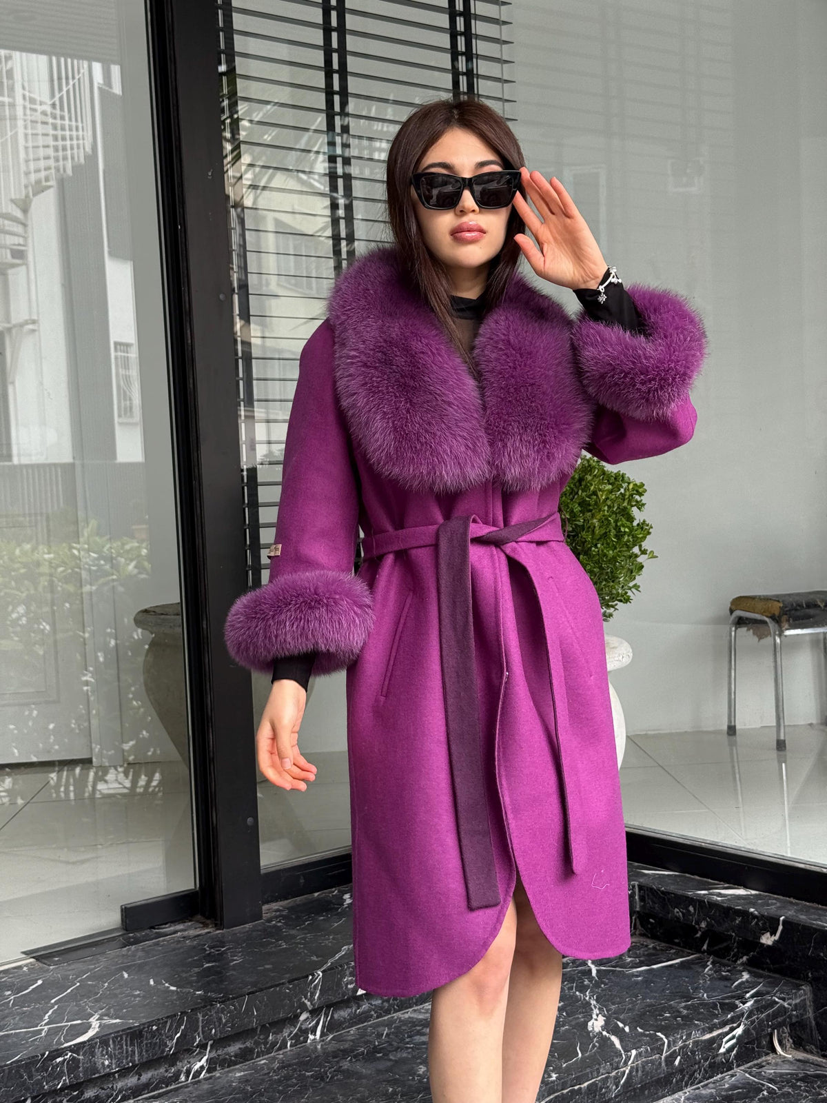 Purple Handmade Women Alpaca Coat With Fox Fur , Luxury Outwear | Natural Alpaca Wool Coat | Soft & Warm – Handmade Women’s Outerwear