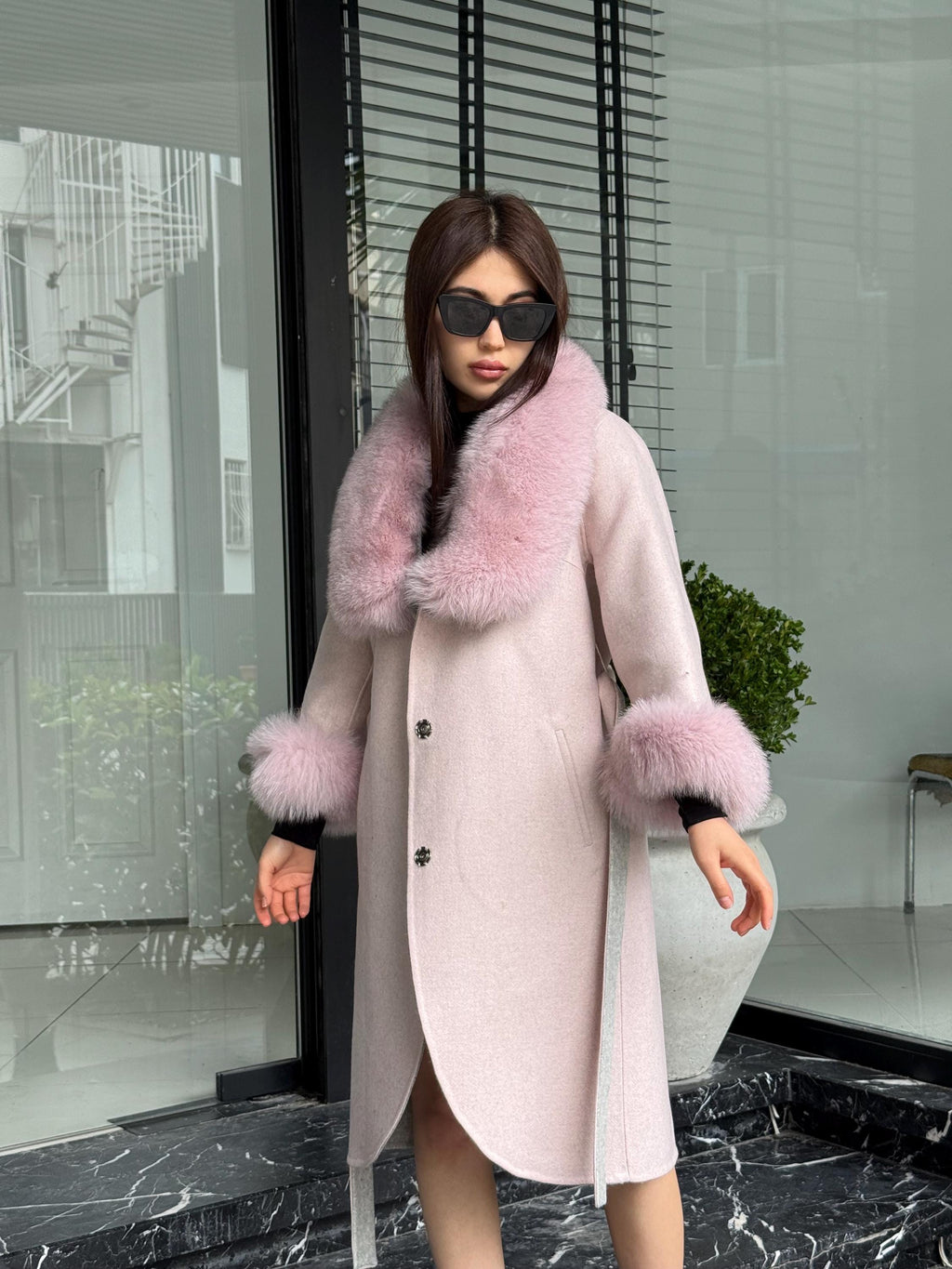 Light Pink Handmade Women Alpaca Coat With Fox Fur , Luxury Outwear | Natural Alpaca Wool Coat | Soft & Warm – Handmade Women’s Outerwear
