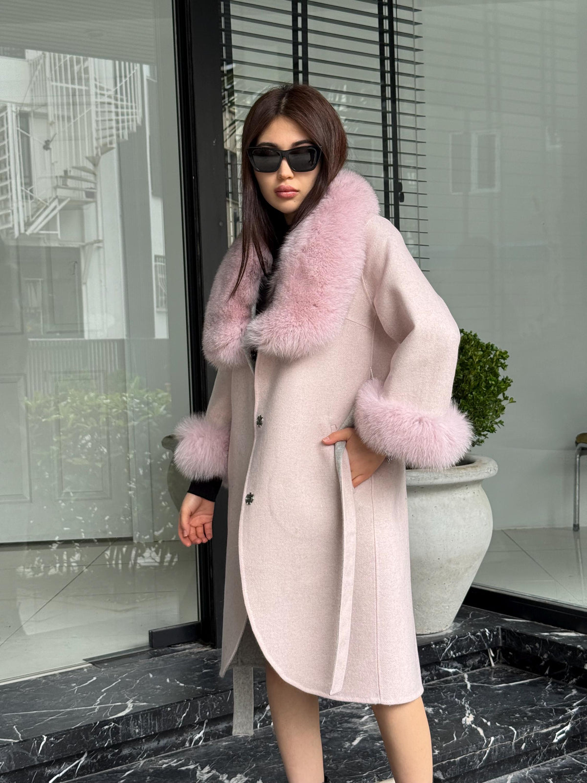 Light Pink Handmade Women Alpaca Coat With Fox Fur , Luxury Outwear | Natural Alpaca Wool Coat | Soft & Warm – Handmade Women’s Outerwear