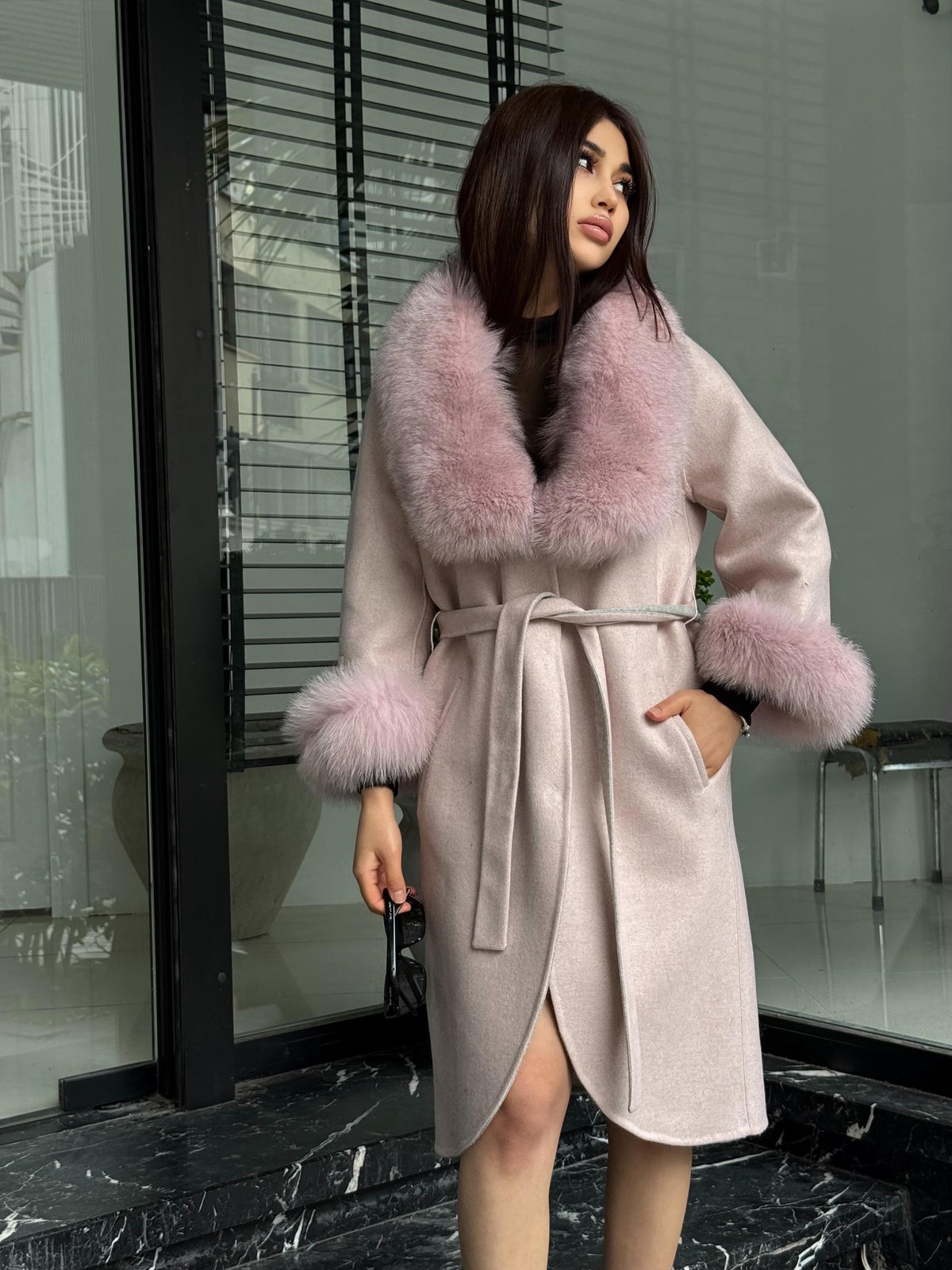 Light Pink Handmade Women Alpaca Coat With Fox Fur , Luxury Outwear | Natural Alpaca Wool Coat | Soft & Warm – Handmade Women’s Outerwear