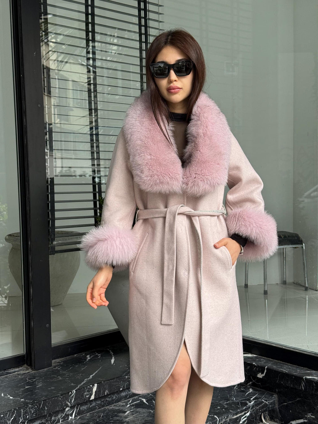 Light Pink Handmade Women Alpaca Coat With Fox Fur , Luxury Outwear | Natural Alpaca Wool Coat | Soft & Warm – Handmade Women’s Outerwear