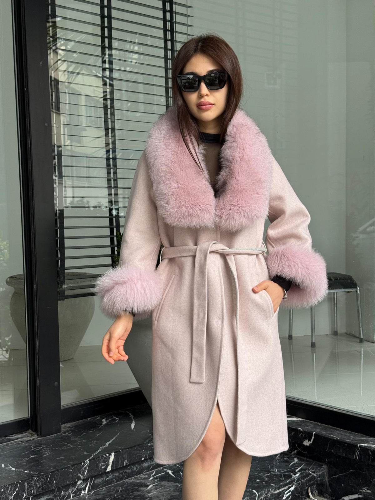 Light Pink Handmade Women Alpaca Coat With Fox Fur , Luxury Outwear | Natural Alpaca Wool Coat | Soft & Warm – Handmade Women’s Outerwear