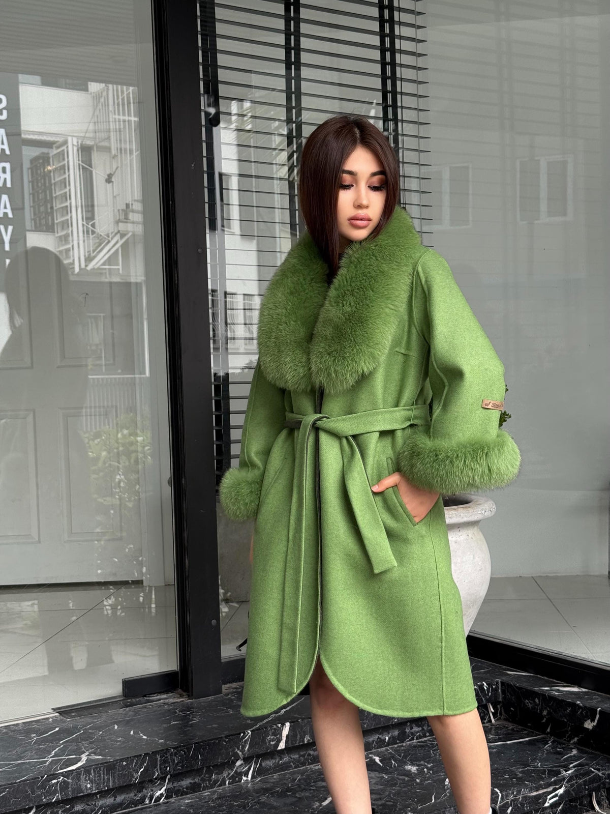 Green Handmade Women Alpaca Coat With Fox Fur , Luxury Outwear | Natural Alpaca Wool Coat | Soft & Warm – Handmade Women’s Outerwear